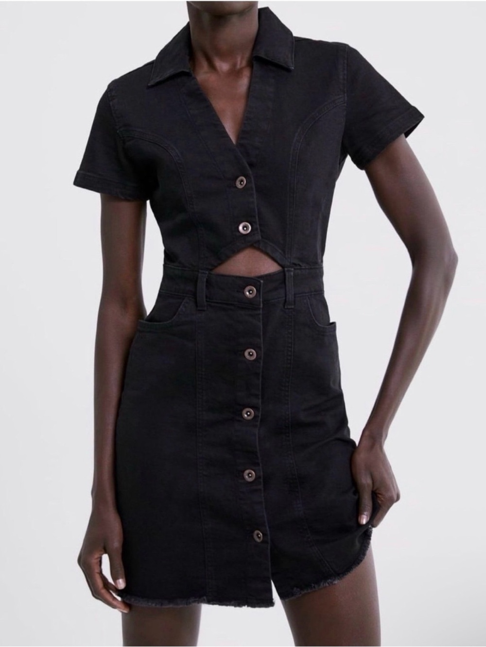 Zara Black Jean Short-Sleeve Button-Front Mini Dress Size Small EUC